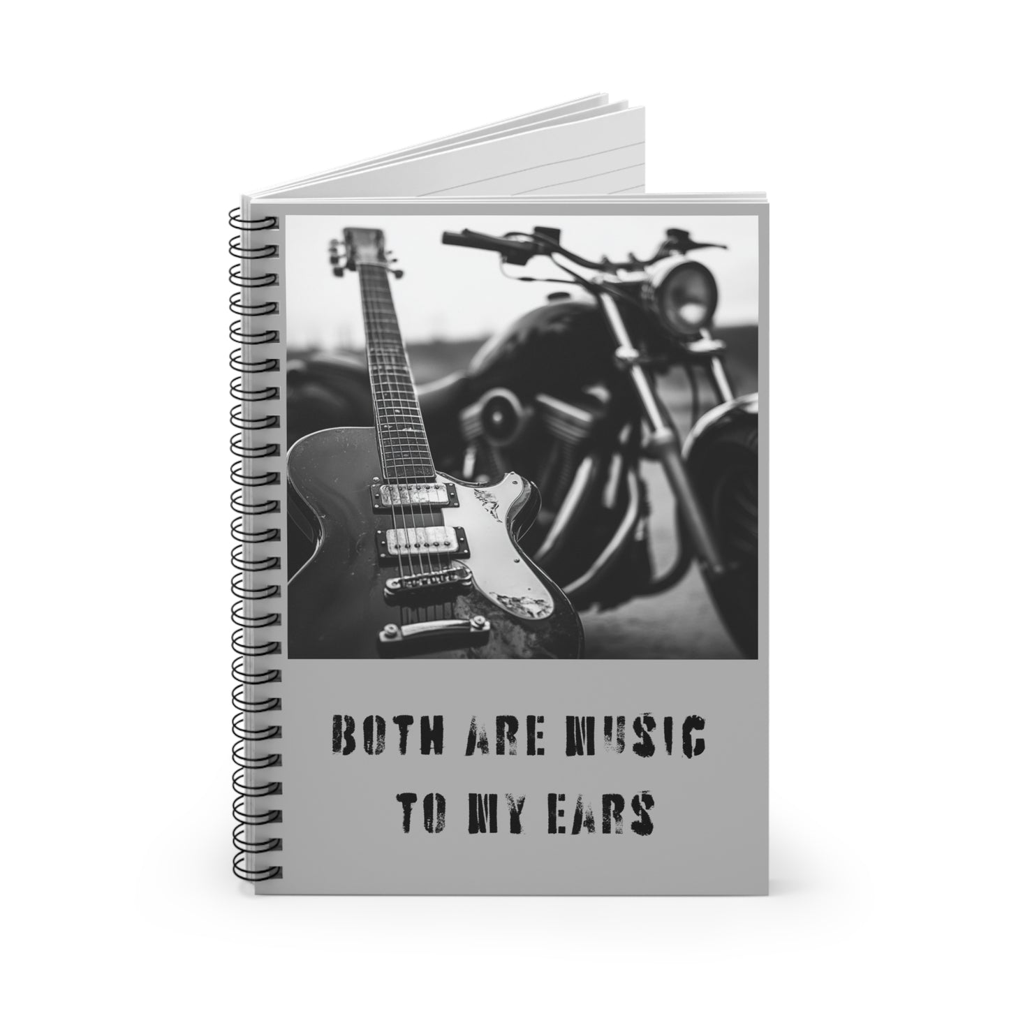 Motorcycle and Guitar "Music to My Ears" Grey Spiral Notebook