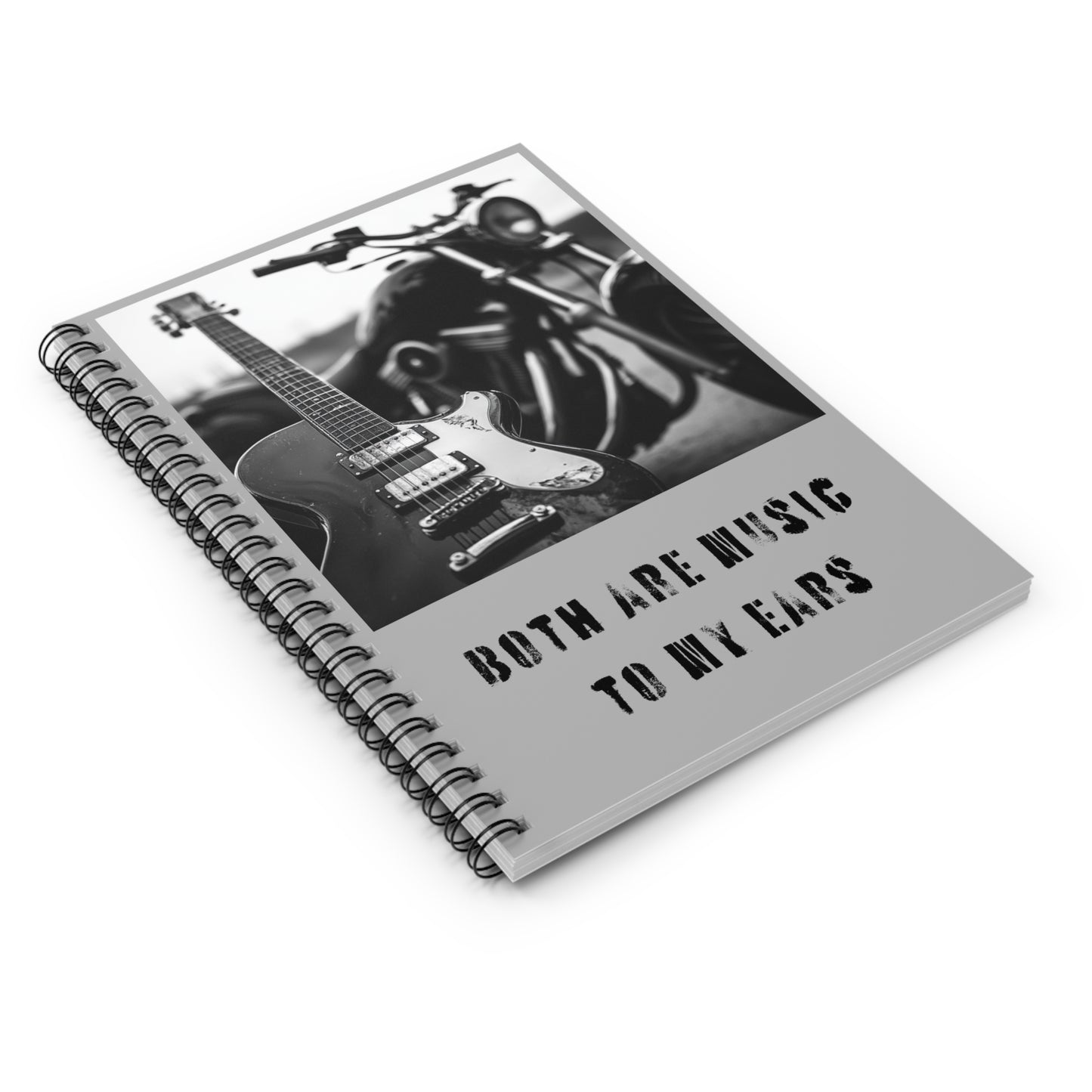 Motorcycle and Guitar "Music to My Ears" Grey Spiral Notebook