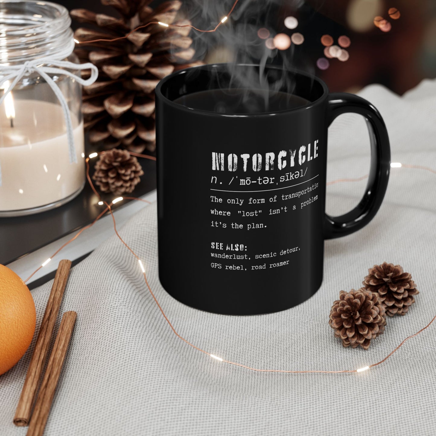 Motorcycle Dictionary Black Coffee Mug (Lost Isn't a Problem, It's the Plan)