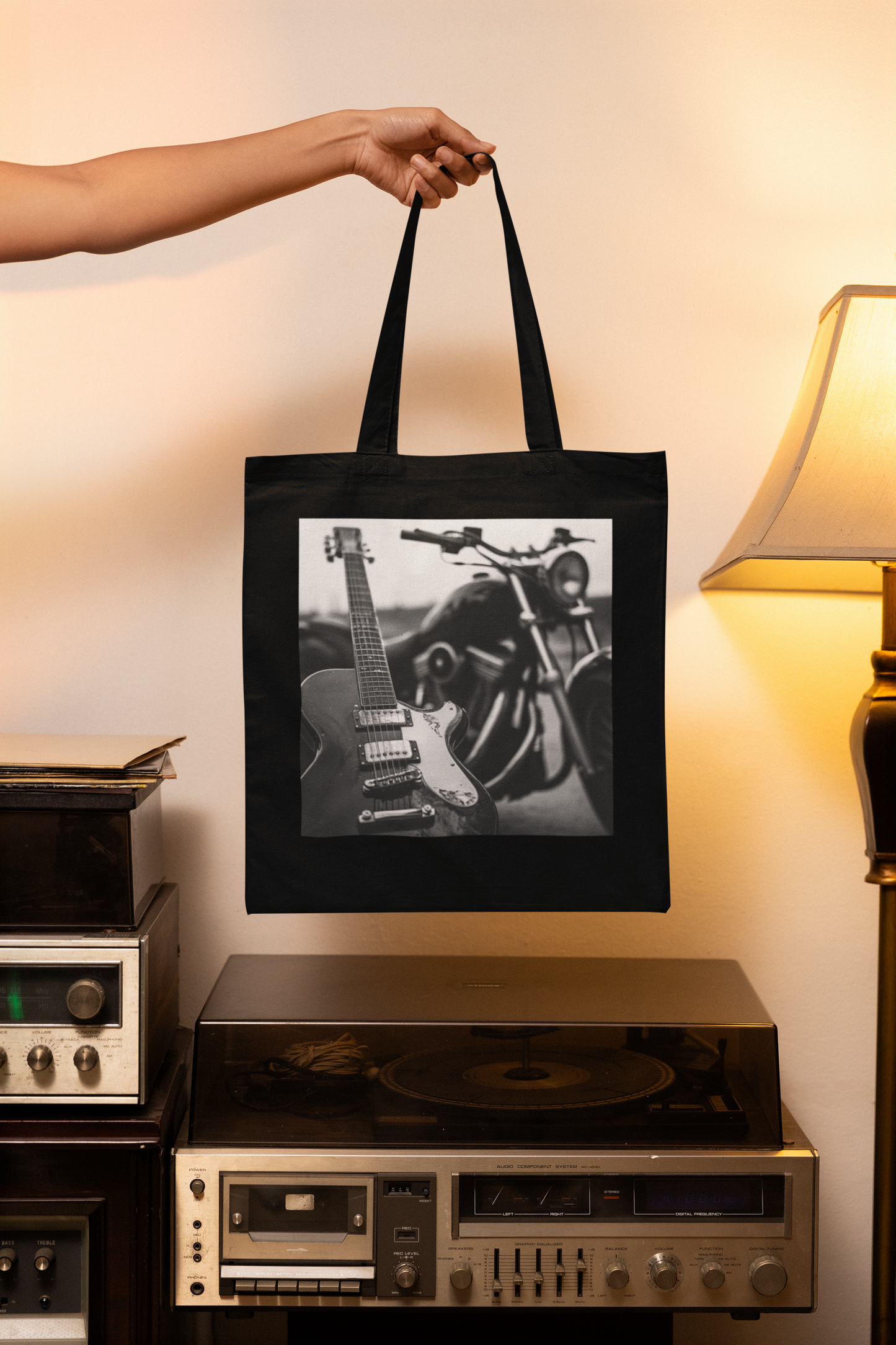 Motorcycle and Guitar Black Tote Bag