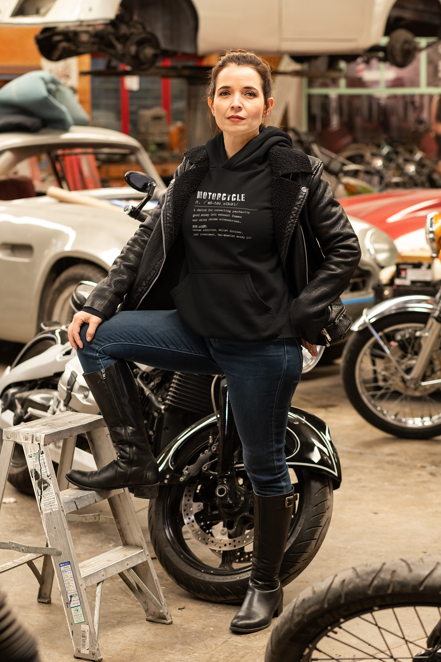 Funny Motorcycle Dictionary Hooded Sweatshirt (Money into Fumes and Shiny Accessories)